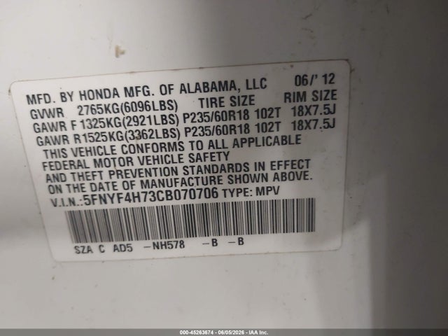 Aukcja sprzedaży 2012 Honda Pilot Ex-l, vin: 5FNYF4H73CB070706, numer aukcji: 45263674