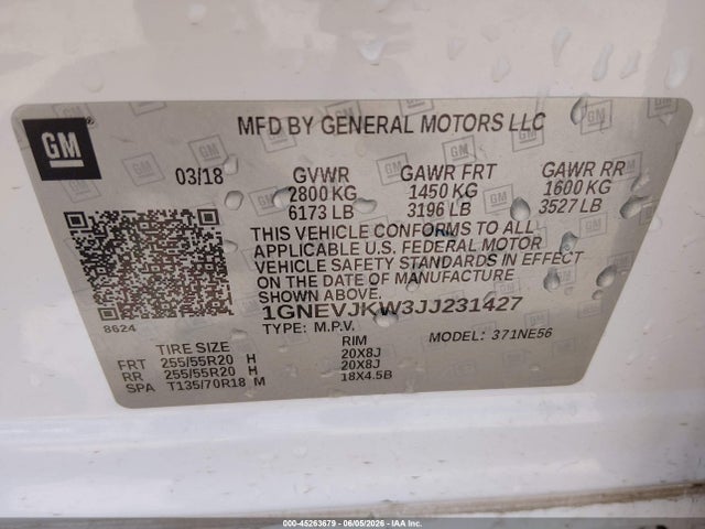45263679 :رقم المزاد ، 1GNEVJKW3JJ231427 vin ، 2018 Chevrolet Traverse Premier مزاد بيع
