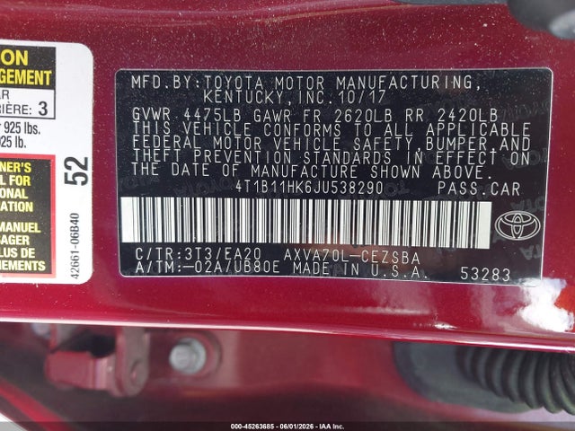 Продажа на аукционе авто 2018 Toyota Camry Se, vin: 4T1B11HK6JU538290, номер лота: 45263685
