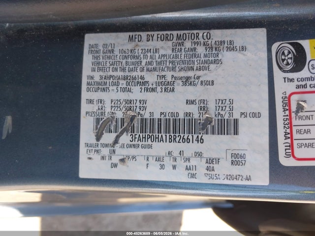 Продаж на аукціоні авто 2011 Ford Fusion Se, vin: 3FAHP0HA1BR266146, номер лоту: 45263689