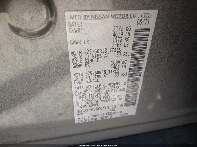 2015 Nissan Rogue Sl მანქანა იყიდება აუქციონზე, vin: 5N1AT2MV8FC915856, აუქციონის ნომერი: 45263690
