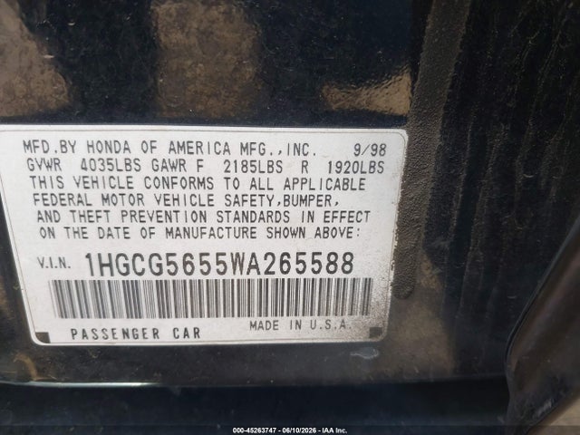Auction sale of the 1998 Honda Accord Ex, vin: 1HGCG5655WA265588, lot number: 45263747