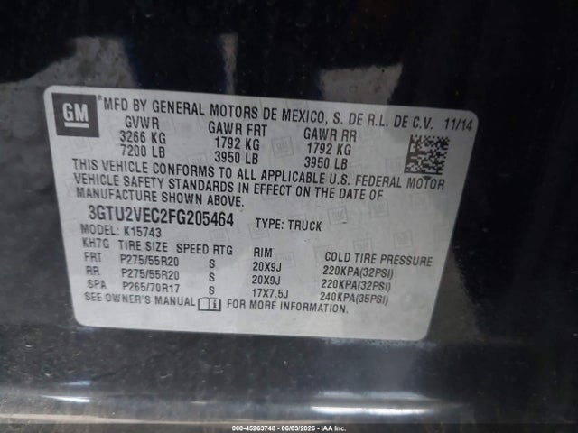 Продажа на аукционе авто 2015 Gmc Sierra 1500 Slt, vin: 3GTU2VEC2FG205464, номер лота: 45263748