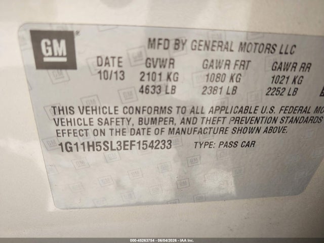 Продаж на аукціоні авто 2014 Chevrolet Malibu 1lz, vin: 1G11H5SL3EF154233, номер лоту: 45263754