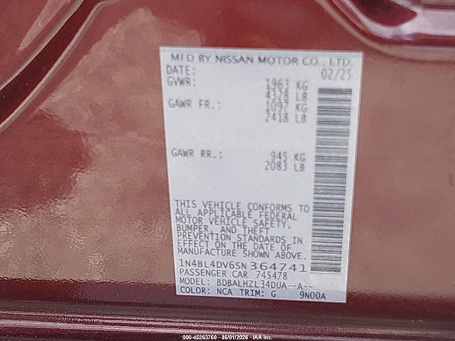 2025 Nissan Altima Sv Fwd მანქანა იყიდება აუქციონზე, vin: 1N4BL4DV6SN364741, აუქციონის ნომერი: 45263760