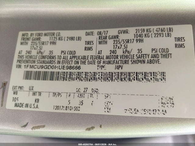 Продажа на аукционе авто 2017 Ford Escape Se, vin: 1FMCU9GD0HUE98666, номер лота: 45263764