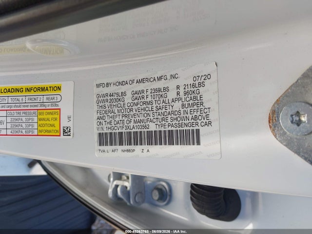 45263765 :رقم المزاد ، 1HGCV1F3XLA103562 vin ، 2020 Honda Accord Sport مزاد بيع