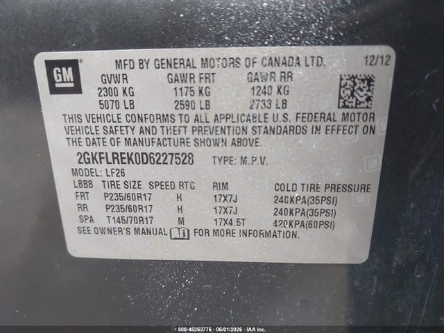 45263776 :رقم المزاد ، 2GKFLREK0D6227528 vin ، 2013 Gmc Terrain Sle-1 مزاد بيع