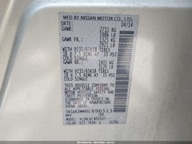45263780 :رقم المزاد ، 5N1AR2MM4EC696513 vin ، 2014 Nissan Pathfinder S مزاد بيع