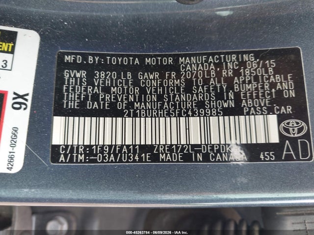 Aukcja sprzedaży 2015 Toyota Corolla L, vin: 2T1BURHE5FC439985, numer aukcji: 45263784