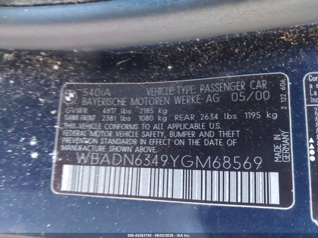 2000 Bmw 540ia მანქანა იყიდება აუქციონზე, vin: WBADN6349YGM68569, აუქციონის ნომერი: 45263785