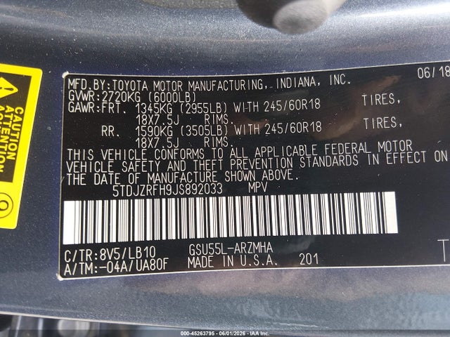 2018 Toyota Highlander Xle მანქანა იყიდება აუქციონზე, vin: 5TDJZRFH9JS892033, აუქციონის ნომერი: 45263795