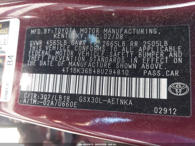 45263812 :رقم المزاد ، 4T1BK36B48U294810 vin ، 2008 Toyota Avalon Xl/xls/touring/limited مزاد بيع