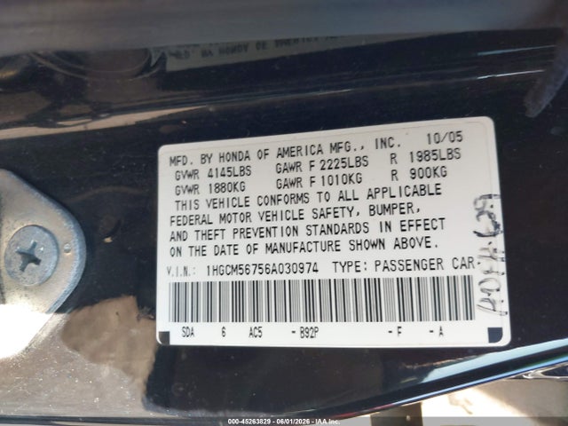 45263829 :رقم المزاد ، 1HGCM56756A030974 vin ، 2006 Honda Accord 2.4 Ex مزاد بيع