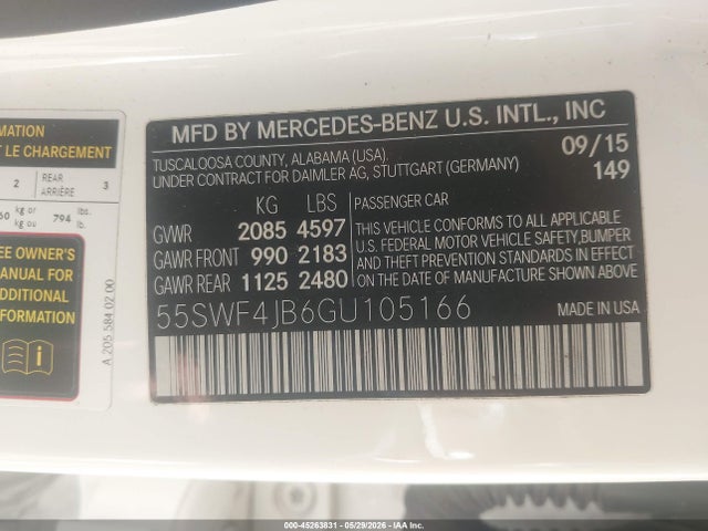 Продажа на аукционе авто 2016 Mercedes-benz C 300, vin: 55SWF4JB6GU105166, номер лота: 45263831