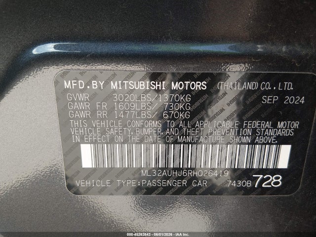 Aukcja sprzedaży 2024 Mitsubishi Mirage Es/le, vin: ML32AUHJ6RH026419, numer aukcji: 45263843