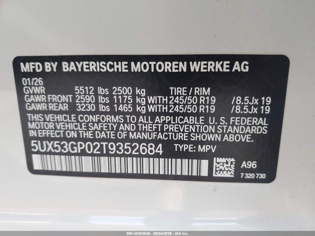 Продажа на аукционе авто 2026 Bmw X3 30 Xdrive, vin: 5UX53GP02T9352684, номер лота: 45263846