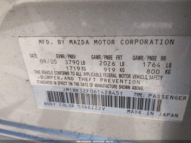 Aukcja sprzedaży 2006 Mazda Mazda3 I, vin: JM1BK32F061428451, numer aukcji: 45263858