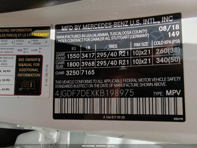 Aukcja sprzedaży 2019 Mercedes-benz Gls 550 4matic, vin: 4JGDF7DEXKB198975, numer aukcji: 45263865