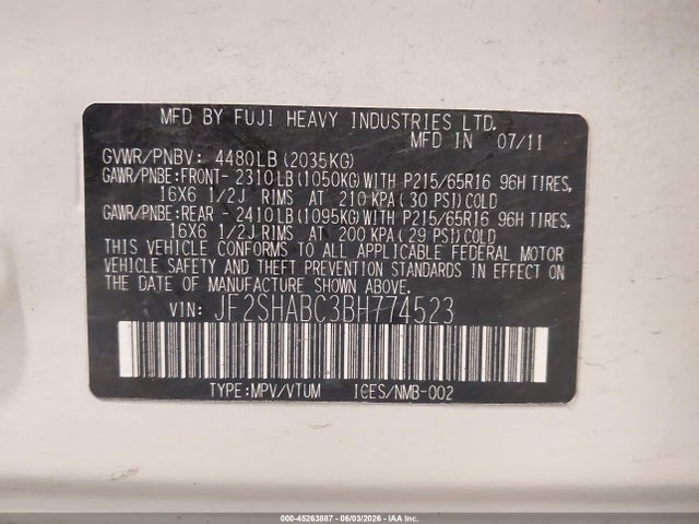 2011 Subaru Forester 2.5x მანქანა იყიდება აუქციონზე, vin: JF2SHABC3BH774523, აუქციონის ნომერი: 45263887