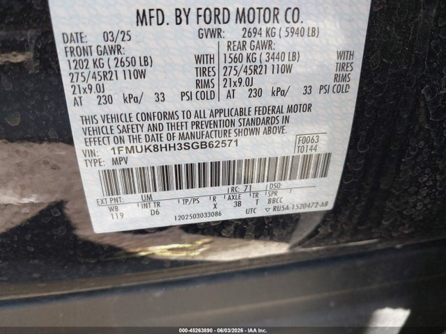 Aukcja sprzedaży 2025 Ford Explorer Platinum, vin: 1FMUK8HH3SGB62571, numer aukcji: 45263890