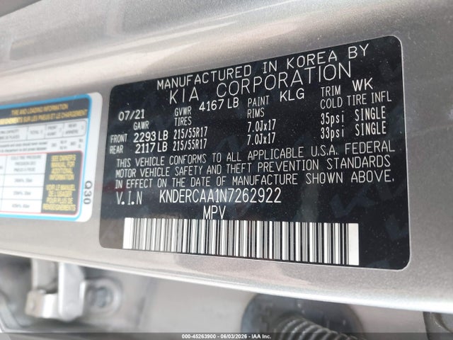 45263900 :رقم المزاد ، KNDERCAA1N7262922 vin ، 2022 Kia Seltos Ex مزاد بيع