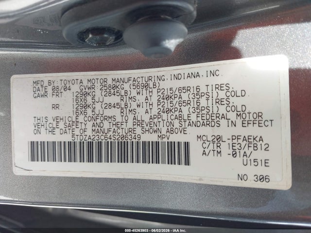 2004 Toyota Sienna Le მანქანა იყიდება აუქციონზე, vin: 5TDZA23C64S206349, აუქციონის ნომერი: 45263903