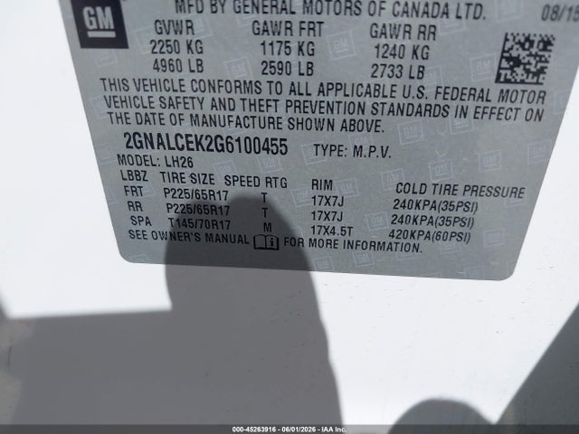 Aukcja sprzedaży 2016 Chevrolet Equinox Lt, vin: 2GNALCEK2G6100455, numer aukcji: 45263916
