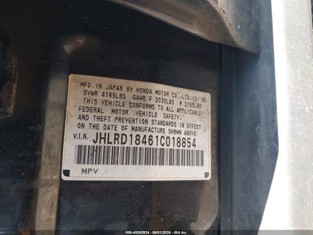 45263924 :رقم المزاد ، JHLRD18461C018854 vin ، 2001 Honda Cr-v Lx مزاد بيع