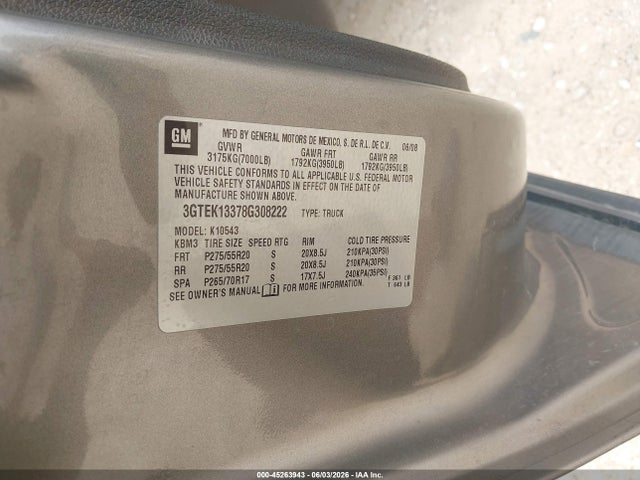 45263943 :رقم المزاد ، 3GTEK13378G308222 vin ، 2008 Gmc Sierra 1500 Sle1 مزاد بيع