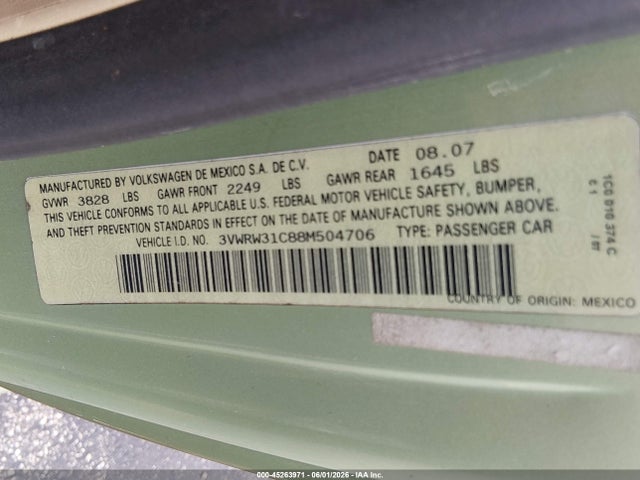 Aukcja sprzedaży 2008 Volkswagen New Beetle S/se, vin: 3VWRW31C88M504706, numer aukcji: 45263971