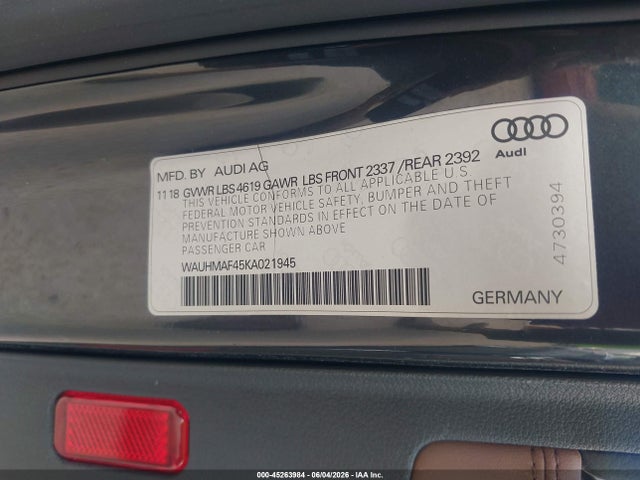 Aukcja sprzedaży 2019 Audi A4 40 Premium, vin: WAUHMAF45KA021945, numer aukcji: 45263984