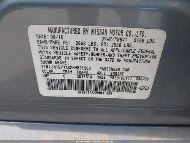 45263988 :رقم المزاد ، JN1EV7ARXHM831266 vin ، 2017 Infiniti Q50 3.0t Premium مزاد بيع