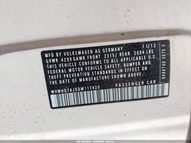 45264004 :رقم المزاد ، WVWHD7AJXDW117420 vin ، 2013 Volkswagen Gti 4-door مزاد بيع