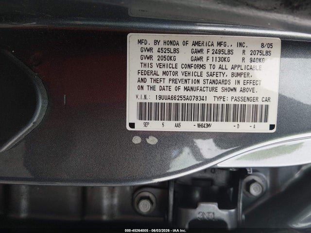 Aukcja sprzedaży 2005 Acura Tl, vin: 19UUA66255A079341, numer aukcji: 45264005