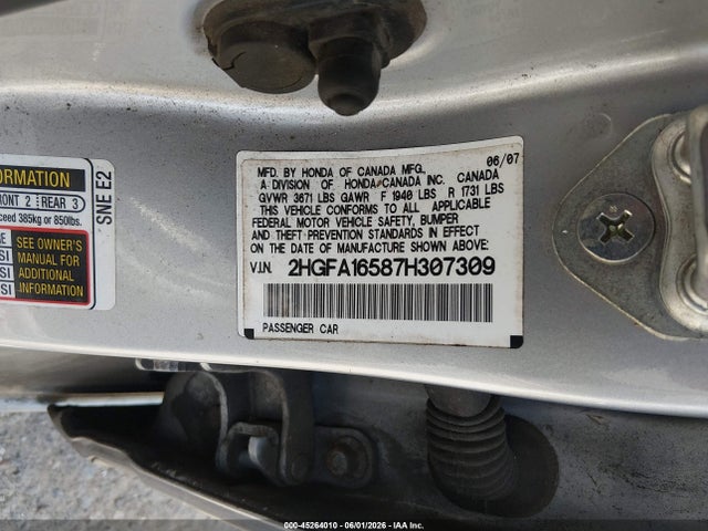 Aukcja sprzedaży 2007 Honda Civic Lx, vin: 2HGFA16587H307309, numer aukcji: 45264010