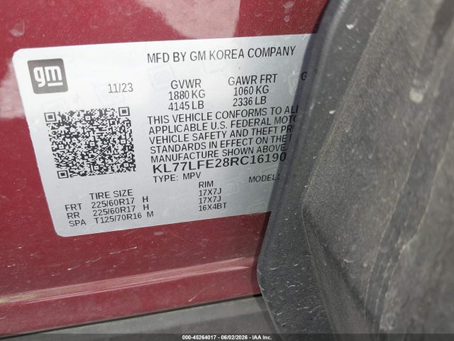 Продажа на аукционе авто 2024 Chevrolet Trax Fwd Sp, vin: KL77LFE28RC161904, номер лота: 45264017