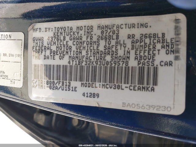 45264021 :رقم المزاد ، 4T1BF32K93U059578 vin ، 2003 Toyota Camry Le V6 مزاد بيع