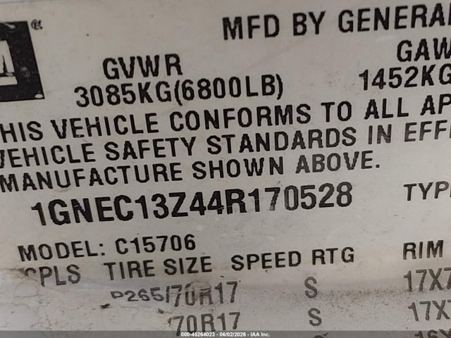 Продаж на аукціоні авто 2004 Chevrolet Tahoe Lt, vin: 1GNEC13Z44R170528, номер лоту: 45264023