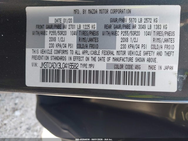 45264036 :رقم المزاد ، JM3TCADY3L0416582 vin ، 2020 Mazda Cx-9 Grand Touring مزاد بيع