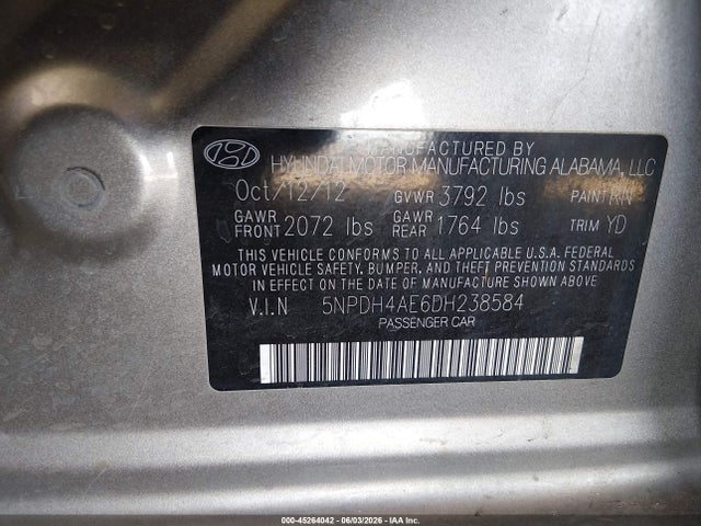 45264042 :رقم المزاد ، 5NPDH4AE6DH238584 vin ، 2013 Hyundai Elantra Limited مزاد بيع