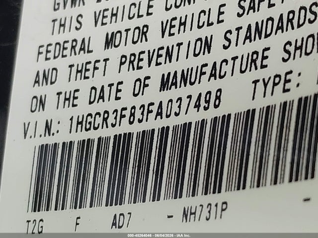 1HGCR3F83FA037498 Honda Accord Ex-l V-6