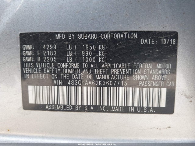 2019 Subaru Impreza 2.0i მანქანა იყიდება აუქციონზე, vin: 4S3GKAA62K3607715, აუქციონის ნომერი: 45264052