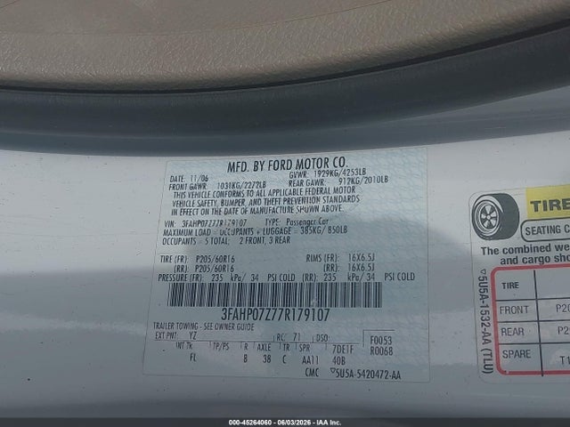 Aukcja sprzedaży 2007 Ford Fusion Se, vin: 3FAHP07Z77R179107, numer aukcji: 45264060