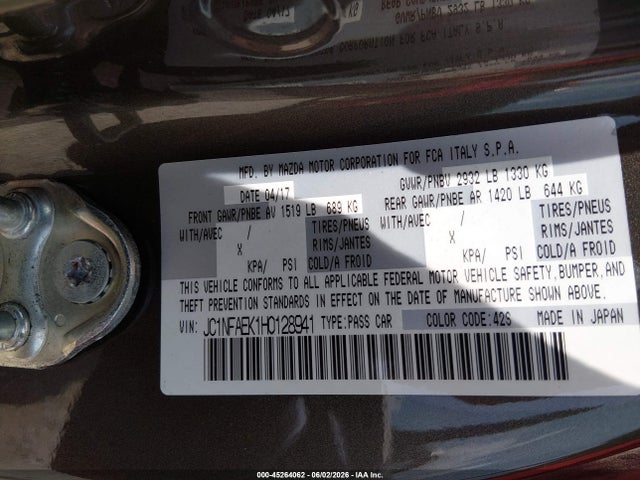 Aukcja sprzedaży 2017 Fiat 124 Spider Lusso, vin: JC1NFAEK1H0128941, numer aukcji: 45264062