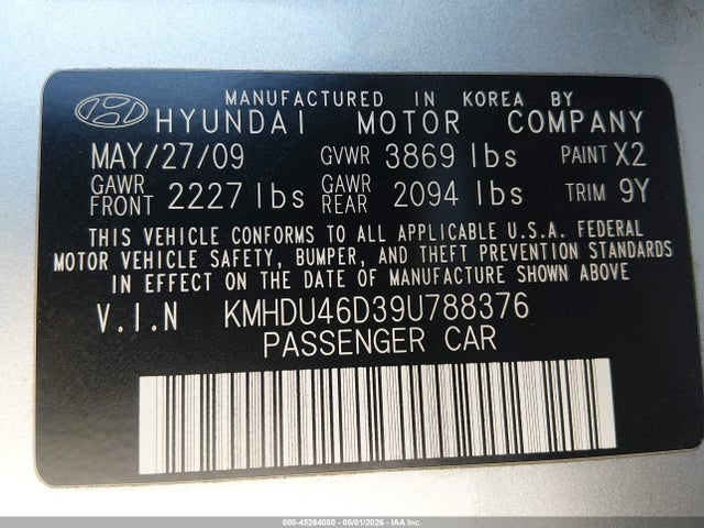 Aukcja sprzedaży 2009 Hyundai Elantra Gls, vin: KMHDU46D39U788376, numer aukcji: 45264080