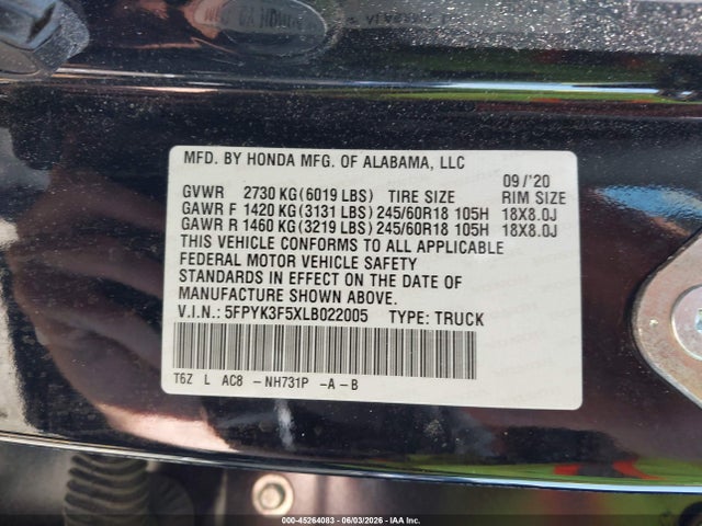 Aukcja sprzedaży 2020 Honda Ridgeline Awd Rtl, vin: 5FPYK3F5XLB022005, numer aukcji: 45264083