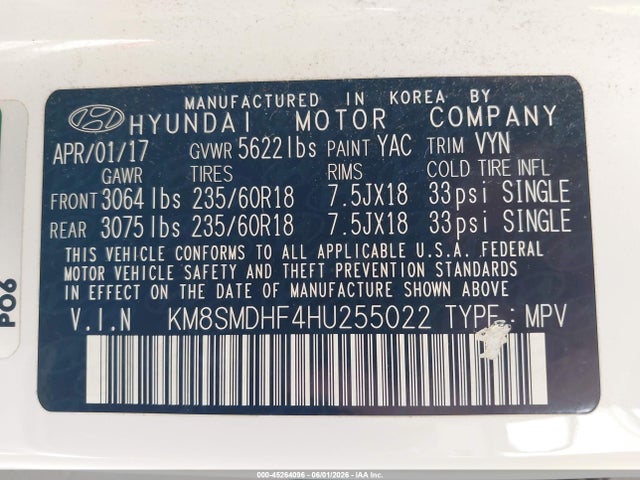 45264096 :رقم المزاد ، KM8SMDHF4HU255022 vin ، 2017 Hyundai Santa Fe Se مزاد بيع