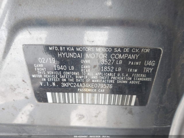 Продаж на аукціоні авто 2019 Hyundai Accent Se, vin: 3KPC24A34KE079576, номер лоту: 45264097