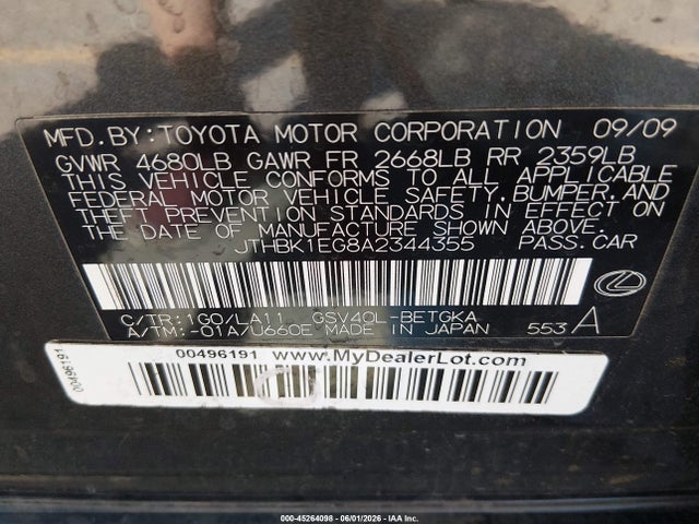 2010 Lexus Es 350 მანქანა იყიდება აუქციონზე, vin: JTHBK1EG8A2344355, აუქციონის ნომერი: 45264098